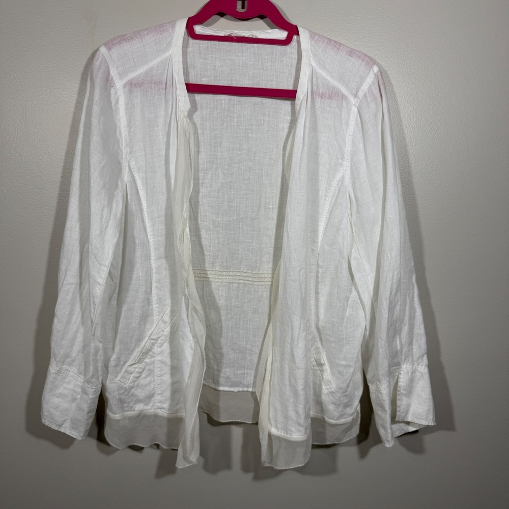 Eileen Fisher White Irish Linen Silk Trim Open Front Cardigan Jacket Classic S‎